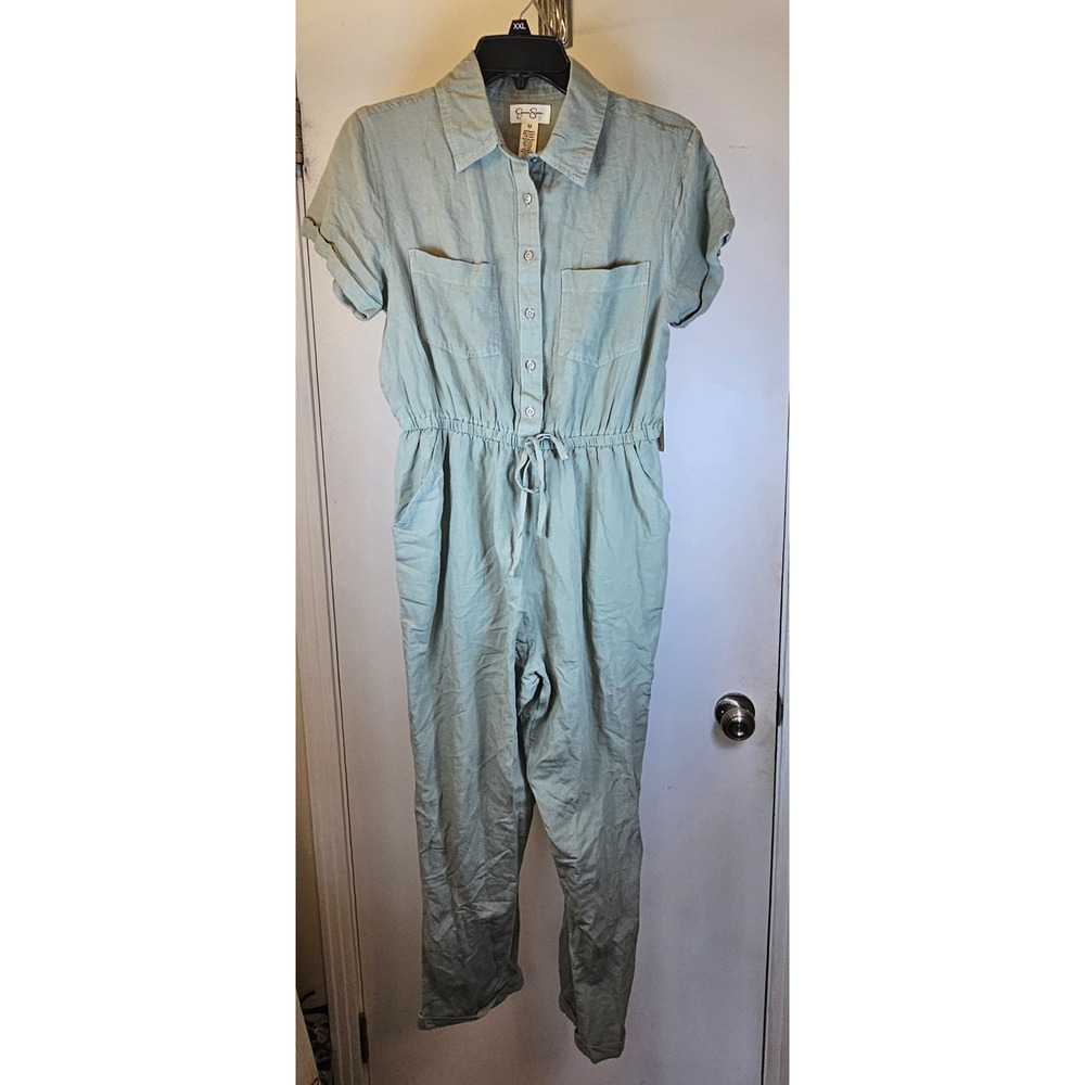 Jessica Simpson Olive Green Linen Blend Short Sleeve Button Up Jumpsuit Sz. Med. - Picture 2 of 9